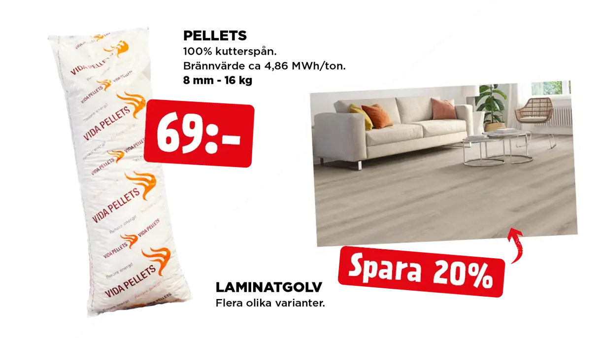 Kampanjpris på pellets och laminatgolv