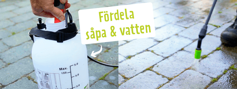 Rengöring av stenplattor - spruta stensåpa med tryckspruta