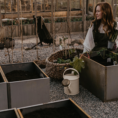 Kvinna planterar i odlingskrage