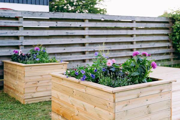 Blomlådor på uteplatsen
